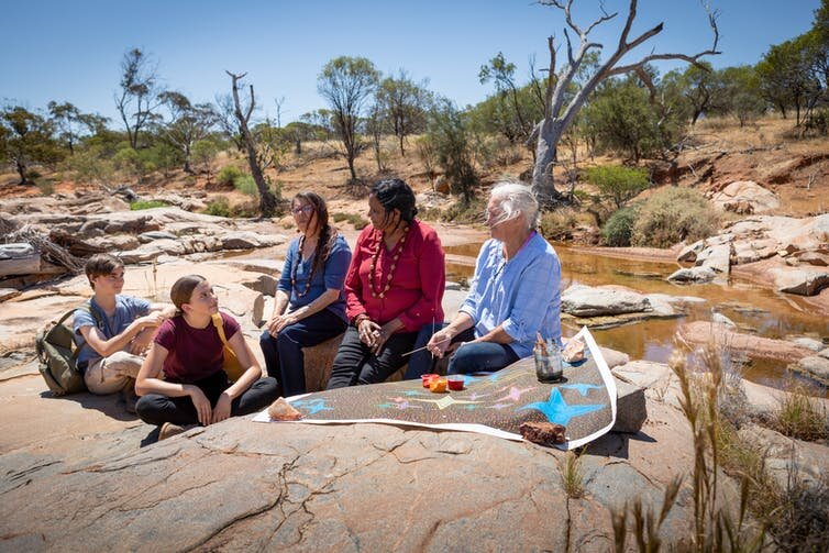Students sitting on rocks learning about Indigenous star stories.